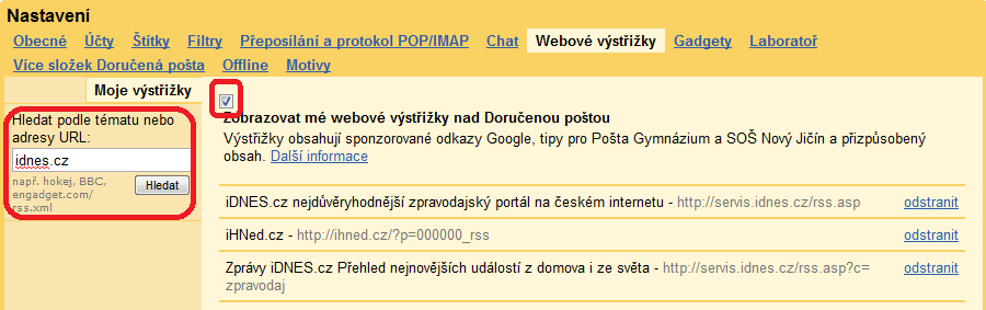 Obrázek 44 - astavení webových výstřižků Vybrat si můžete z nepřeberného množství zpravodajských zdrojů, takže jestli máte zájem o zpravodajství idnes, není nic snazšího, než si ho kliknutím přidat.