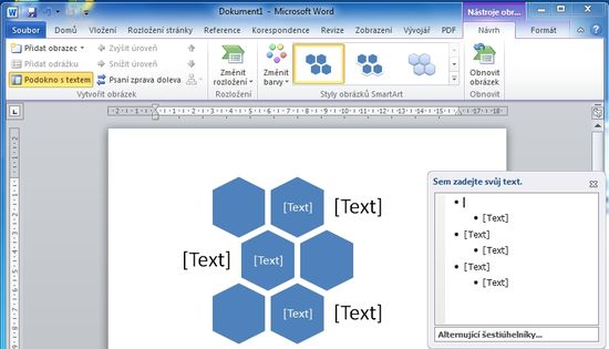Ukázka cyklus: Po vložení SmartArt Vložením vybraného obrazce SmartArt ve Wordu přibudou dvě dočasné karty pod souhrným označením Nástroje pro obrázky SmartArt (jsou zobrazeny
