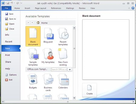 Soubor (File) - Nový (New) Otevřeme nový soubor. Na výběr máme prázdný dokument, nebo si můžeme vybrat z mnoha předpřipravených šablon. Jelikož žijeme v 21.