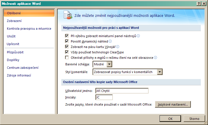 5.1.5 Barevné schéma Schéma nabízí tři možnosti výběru barevných podkladů aplikací Microsoft Office systém 2007. Výběr z černé, modré a stříbrné. Tyto barevné variace upravují vzhled aplikací.