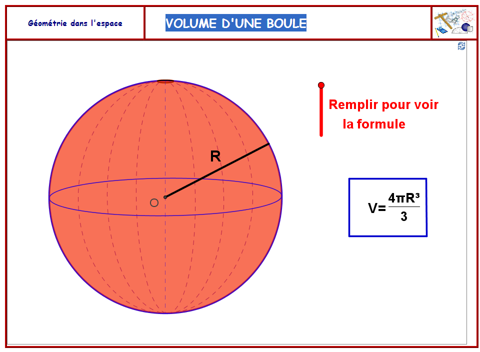 4.4.3 Koule Třetí produkt z ruky Daniela Mentranda. 10 Java applet poskytuje animaci vyplnění vnitřního prostoru koule s následným vypsáním příslušného vzorce pro výpočet objemu koule.