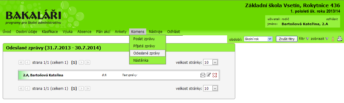 4.8.3. Odeslat zprávu V kartě Odeslané zprávy je možné kontrolovat odeslané zprávy. kliknutím na tlačítko Odeslané zprávy se Vám zobrazí odeslané zprávy ikona obálka zobrazí detail zprávy (viz.