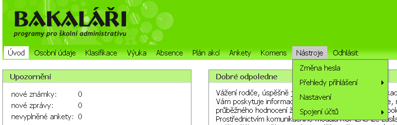 4.9. Karta Nástroje V kartě Nástroje můžete provést změnu hesla, zobrazit přehled Vašich přihlášení, změnit barevné nastavení profilu a další uživatelská nastavení, spojit dva a více uživatelských