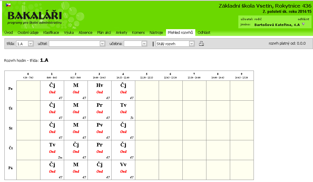 4.10. Přehled rozvrhů Kliknutím na kartu Přehled rozvrhů můžete nahlédnout do rozvrhů všech tříd, učitelů i učeben (pozor na