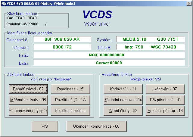 Diagnostika elektronických zařízení Základní funkce programu: VAG-COM přečte identifikační údaje z řídicí jednotky jako její objednací číslo, kódování, číslo dílny WSC (work shop code), číslo