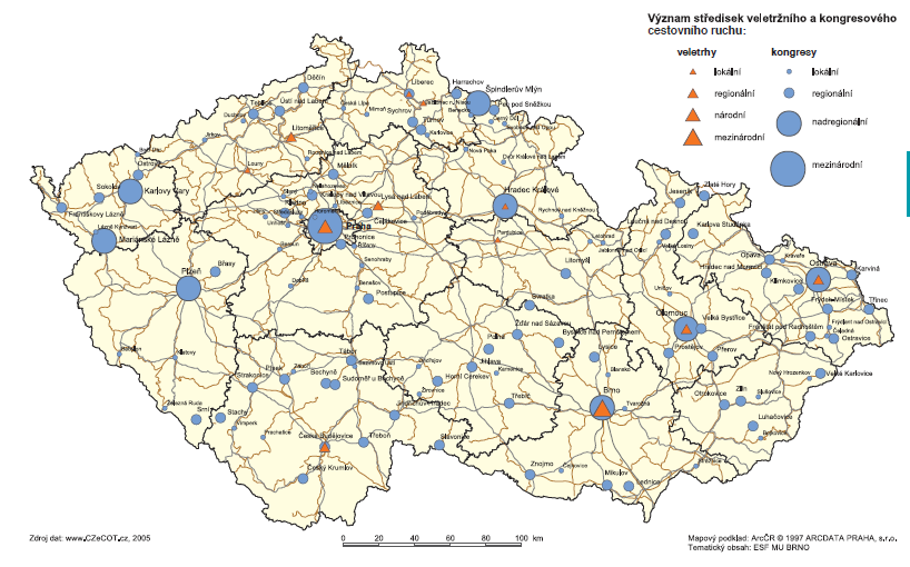 Obrázek 1: Významná střediska veletržního a kongresového cestovního ruchu v ČR Zdroj: Vystoupil a kol., 2006. V ČR působí kromě (jiţ ve 3.