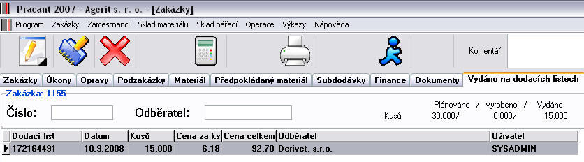 97 Manuál k systému PRACANT V případě, že máte přiřazen dokument k zakázce, projeví se to v přehledu zakázek barevnou fajfkou. 6.2.