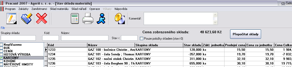 Nabídka Sklad materiálu Pøídání položky do skladu Přidání položky do skladu: Kód: Název: Skupina skladu: Aktuální stav : Jednotka: Cena za jednotku: Prodejní cena: Limitní stav: Komentář: Povinné