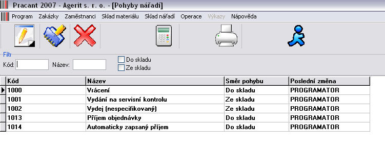 Nabídka Sklad nářadí 8.2 Druhy pohybů Druhy pohybu ruèního náøadí Toto nastavení určuje možnosti pohybu ručního nářadí. Je důležité pro sledování pohybu nářadí a vydávání nářadí přes terminály.