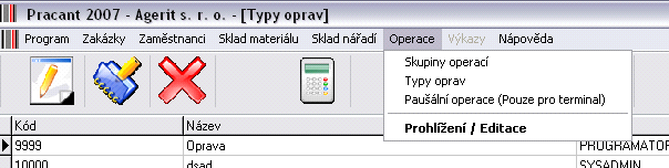 141 10 Manuál k systému PRACANT Nabídka Operace Nabídka Operace Tento modul eviduje seznamy čárových kódů výrobních operací, které jsou používány zaměstnanci při práci s terminály.