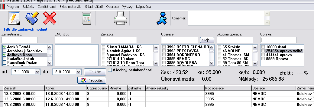 55 Manuál k systému PRACANT Příklad: pokud bude ve filtru zaměstnanec zatrhnuto jméno Hekrla Marek, ve filtru Zakázka Thomas 9 SM ll a nastaven rozsah data, systém vyčlení a zobrazí pouze úkony,