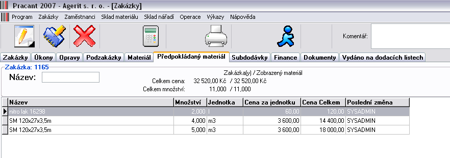 91 6.2.6 Manuál k systému PRACANT Předpokládaný materiál Pøedpokládaný materiál Slouží ke kalkulaci materiálu včetně porovnání skutečné spotřeby. Včetně možnosti tisku.