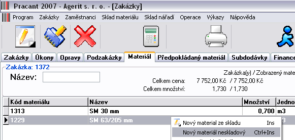 Nabídka Zakázky 6.2.7 Materiál Záložka materiál Tato záložka zobrazuje stav vydaného materiálu na tuto zakázku.