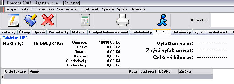 95 6.2.9 Manuál k systému PRACANT Finance Záložka Finance Tato záložka zobrazuje seznam nákladů na zakázku.