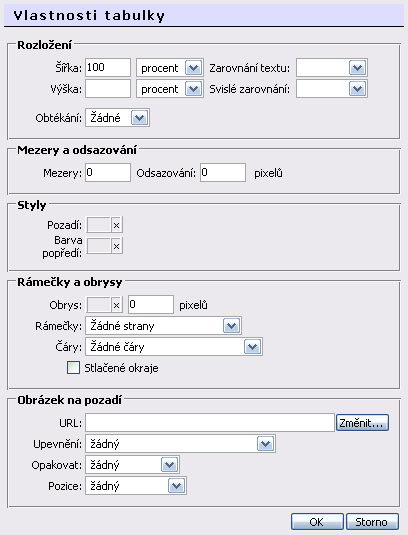 138 Visual PHP - Uživatelská příručka Rozložení: Obtékání Vám umožňuje zadat obtékání textu kolem tabulky buď vlevo nebo vpravo. V poli Šířka a Výška měníte hodnoty buňky.