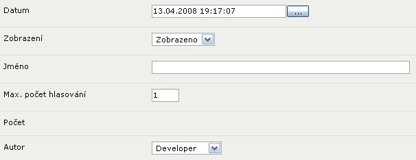 14 Visual PHP - Uživatelská příručka Datum: Do pole datum vložíte datum, odkdy se má anketa zobrazit. Zobrazení: Zde nastavíte, zda chcete anketu veřejně zobrazit nebo ne.