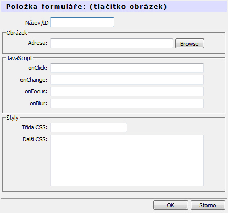 74 Visual PHP - Uživatelská příručka Zde zapište Název/ID dle svého uvážení (bez diakritiky), např.odeslat, a dále Adresa = vyberte obrázek z adresáře. JavaScript a Styly jsou pole určené developerům.