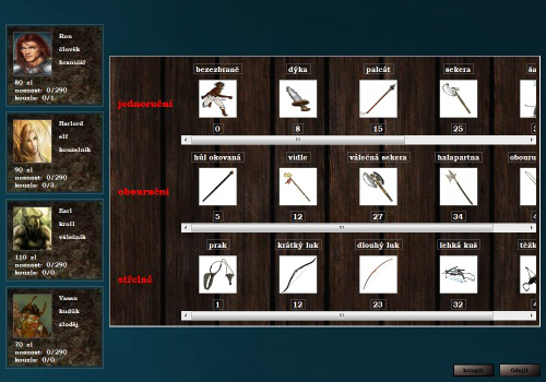 5.3.11. Nabídka nákupu vybavení Zde si postavy nakupují své vybavení. Nabídka věcí možných k nákupu je upravována dle jednotlivých postav. Zde je zobrazena nabídka nákupu zbraní.