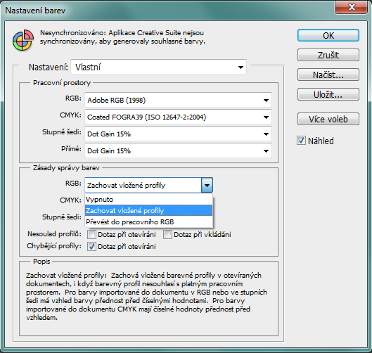 Obrázek č. 52: Grafické rozhraní Nastavení barev v programu Adobe Photoshop CS5 5.2.2. Kalibrace monitoru Práce s programem pro kalibraci je shodná jako v případě cíle z kapitoly 5.1.