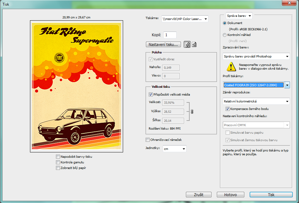 5.8.1. Převod barev provede program Obrázek číslo 78 ukazuje, jak vypadá tiskové rozhraní v programu Adobe Photoshop CS5.