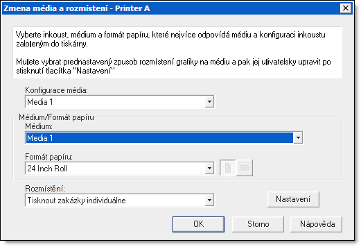 Nastavení média Po nakonfigurování tiskárny si ověřte, že nastavení média v aplikaci odpovídá tomu médiu, které je v tiskárně právě založeno.