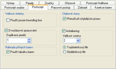 Možnost Postscriptové polotóny stanoví, jak budou zpracovány polotónové rastry (viz obrázek 20). Tyto možnosti platí pouze pro Postscriptové grafiky, používající polotónový typ rastru.