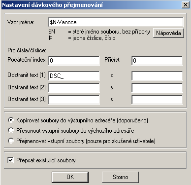 Levý sloupec - Nastavení dávkového přejmenování: Musí zůstat "$N-" =>> zůstane číslo fotky. Odstranit text (1): "DSC_" - nebo Vaší "předponu" Doporučuji "Kopírovat.