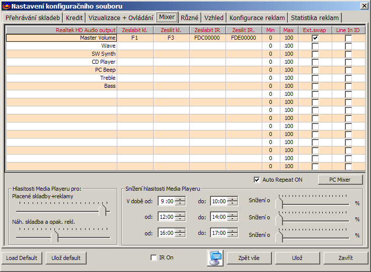 3 1, nebo 2 plus aktivace ovládání dotykovou obrazovkou (myší) Ovládací klávesy Auto Repeat Demo skladby Menu do seznamu disků Zde je možno přiřadit jednotlivým povelům požadovanou klávesu.