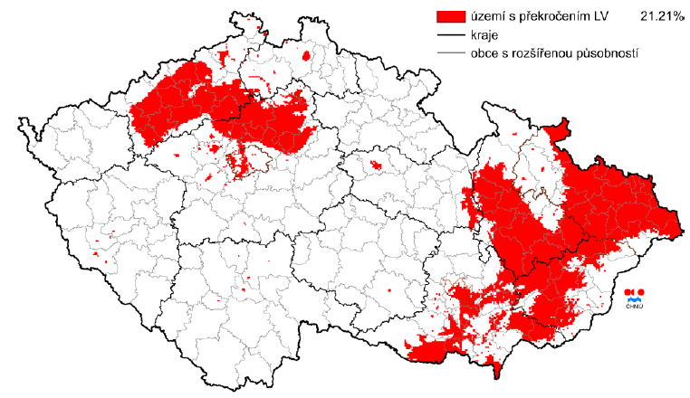 Obrázek 11: Vymezení oblastí se zhoršenou kvalitou ovzduší na základě dat z roku 2010 3.5.