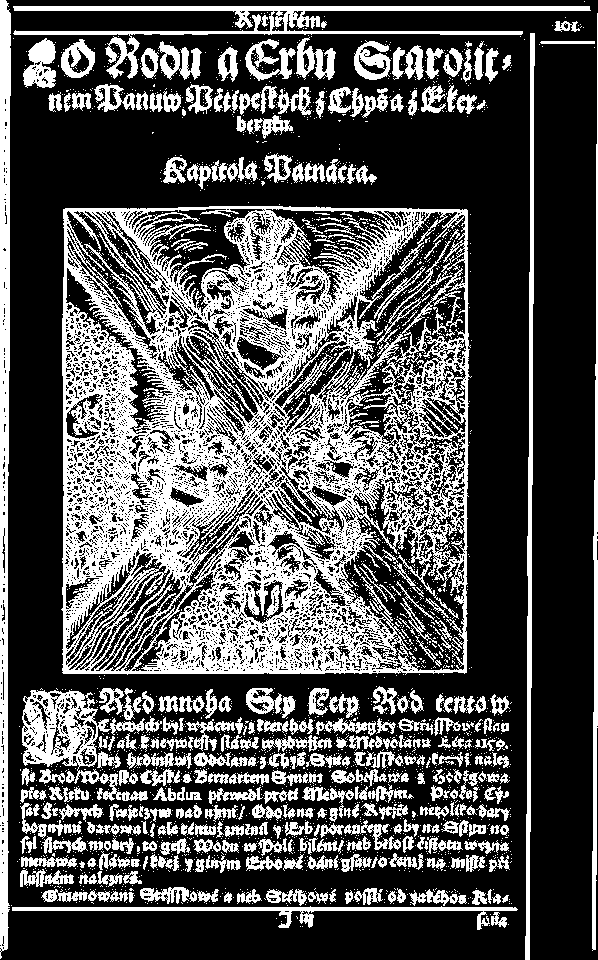 poroučeje aby na štítu nosil strych modrý, tj. vodu v poli bílém, neb bělost čistotu vyznamenává a slávu, kdež i jiným erbové dáni jsou o čemž na místě příslušném nalezneš.