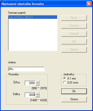 Provádění nastavení ovladače tiskárny 3 V poli "Jméno" zadejte název formátu papíru. 4 Ve skupinovém rámečku "Rozměry" zadejte šířku a délku papíru.