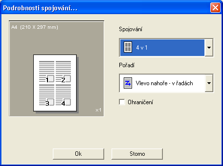 Provádění nastavení ovladače tiskárny Podrobnosti spojování % Na tlačítko [Podrobnosti spojování] klepněte, pokud chcete zadat pořadí tisku nebo nastavit, jestli tisknout obrysy stránek.