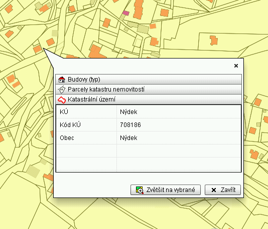 6. kliknutím na vrstvu Katastrální území získáme informace a vyžlutí