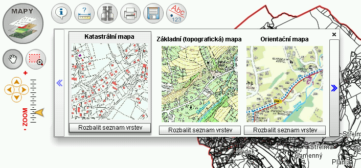 Výběr mapy pro zobrazení - klikneme na tlačítko MAPY a objeví se okno s výběrem map dané obce - šipkami po stranách okna je možno posunout výběr - okno se