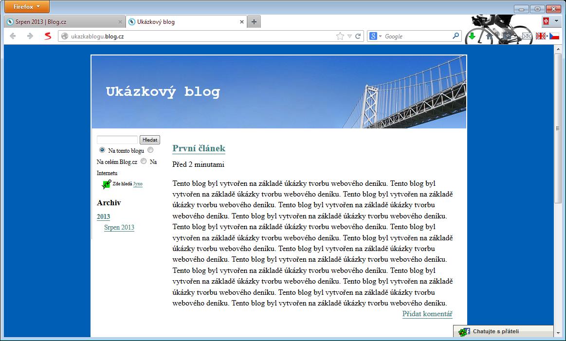 Obrázek 4.5 - Ukázka blogu Obrázek 4.6 - První článek Nastavení V menu nastavení (Obrázek 4.7) je možnost kompletní správy blogu.
