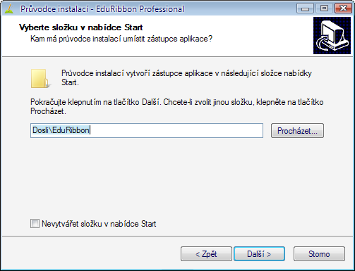 5) Vyberte cíl instalace. (Doporučujeme zachovat původní nastavení). Pokračujte kliknutím na "Další". Jako cíl instalace lze zvolit i USB flash disk. 6) Umístění zástupců pro snadné spuštění.