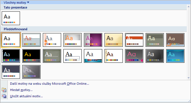 4. Motivy Motiv je sada předdefinovaných prvků, která obsahuje různé druhy formátů písem, nadpisů, čar, výplní atd. Využívání funkce Motiv vám mnohonásobně urychlí přípravu vašich prezentací.