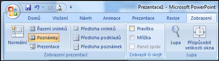 Kapitola 2. Seznámení s programem MS PowerPoint 2007 2.3.2 Režim zobrazení: Řazení snímků Toto zobrazení slouží k přehlednému zobrazení všech snímků.