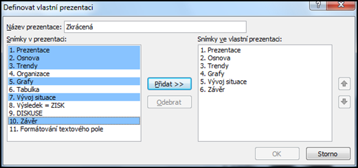 Kapitola 4. Příprava výstupů Volba výstupního zobrazení Pro nastavení způsobu předvádění vyberte na záložce Prezentace na kartě Animace nástroj Nastavit prezentaci.