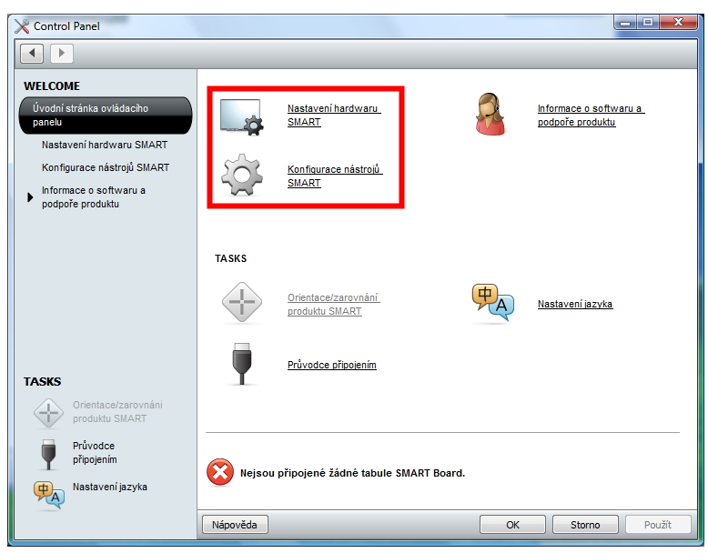 36 Instalace a nastavení interaktivní tabule Obrázek 25: Control Panel z menu nabídky Smart Board V nastavení hardwaru Smart (obrázek 26) je celá řada možností nastavení a voleb, jak bude hardware