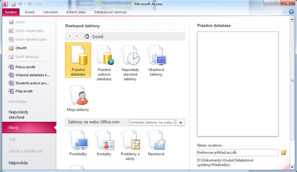 rozpracovaný databázový soubor s příponou *.accdb, pak po dvojkliku na tento soubor se MS Access otevře a zobrazí již rovnou i požadovaný databázový soubor.
