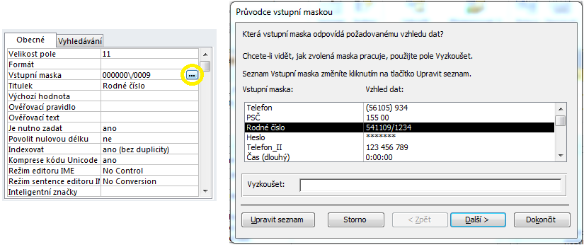 Obrázek 62 ukazuje, jaký je rozdíl mezi datovými typy v případě, že potřebujeme dodržet určitý formát s povinnými a nepovinnými znaky.