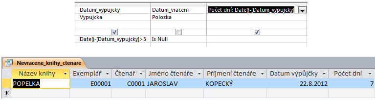 Pokud bychom chtěli vědět počet dní, po které má čtenář knihy nevrácené, pak bychom museli vytvořit nové pole např. s názvem Počet dní. Opět k tomu využijeme tvůrce.