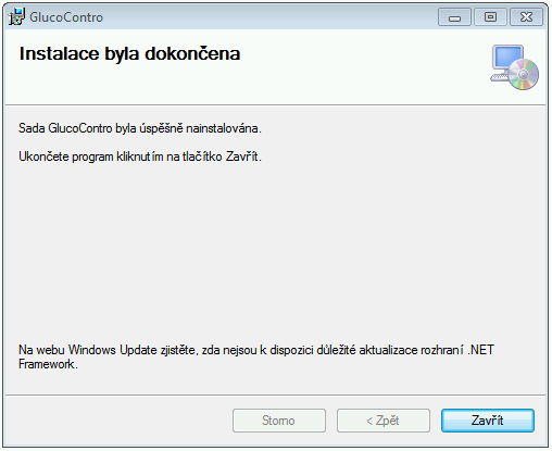 6. Po tom, co potvrdíte instalaci program, Průvodce instalací zahájí instalaci GlucoContro v počítači. Lišta postupu instalace ukazuje její průběh. Po skončení je třeba kliknout na tlačítko Další. 7.