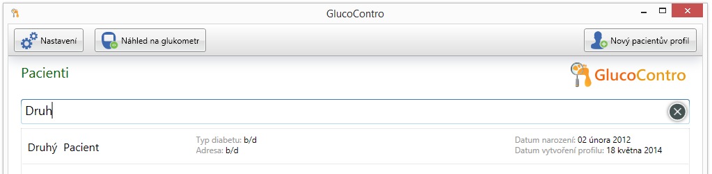 7. Vyhledání pacientova profilu GlucoContro umožňuje správné vyhledávání pacientova profilu jak podle jména, příjmení, tak podle části jmen nebo příjmení.