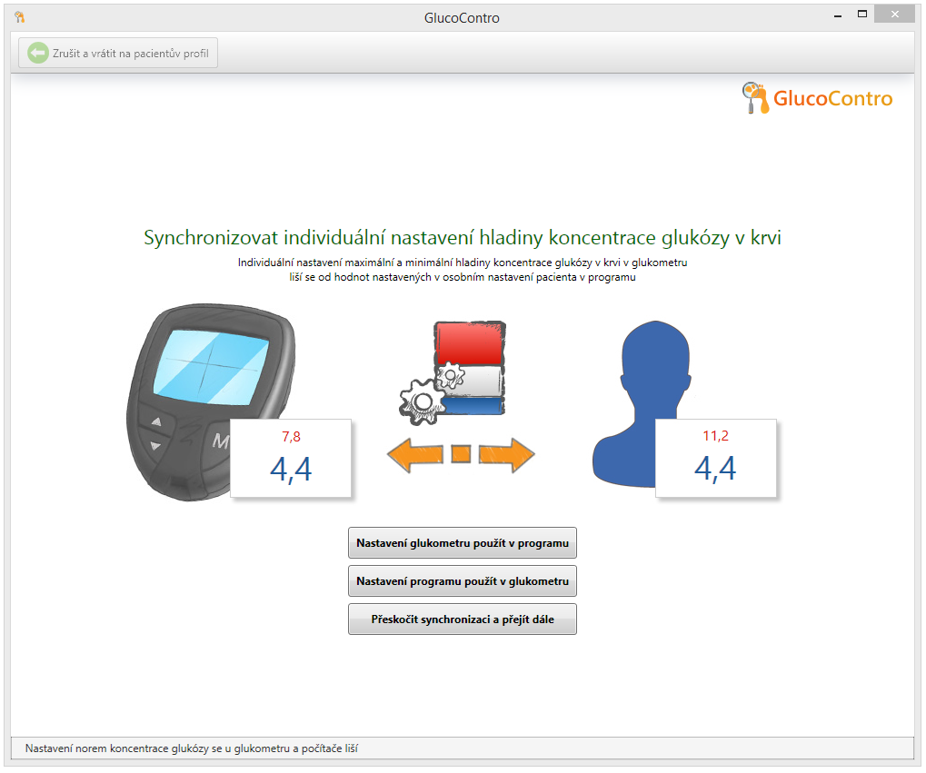 e. Pokud je maximální a minimální úroveň koncentrace glukózy v krvi v individuálních nastaveních pacienta odlišná než v nastaveních v glukometru (týká se pouze glukometrů Contour Plus), ukáže se na