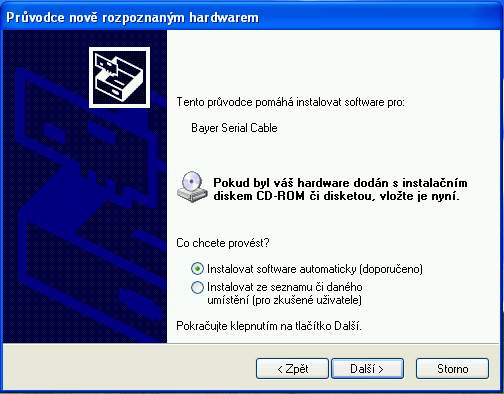 1. Manuální instalace ovladače kabelu USB Ovladače pro kabel Bayer USB jsou instalovány automaticky během instalace programu GlucoContro. Ovladače jsou nezbytné pro správné stahování dat z glukometrů.