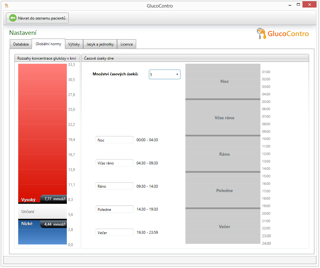 3. Zvolte záložku Globální normy. 4. Způsob změny Rozsahz koncentrace glukózy v krvi a Časové úseky dne jsou popsány v kapitole Individuální nastavení. 5.
