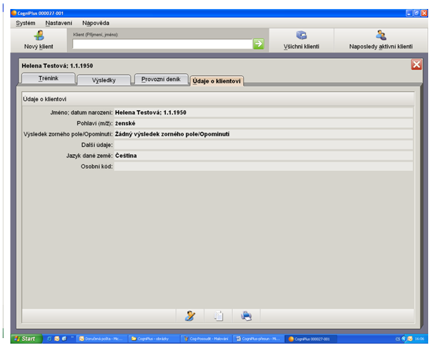 Klikněte na OK pro dokončení záznamu o novém klientovi. Informace o klientovi jsou v záznamu zobrazeny na čtyřech listech: Trénink, Výsledky, Provozní deník a Údaje o klientovi.