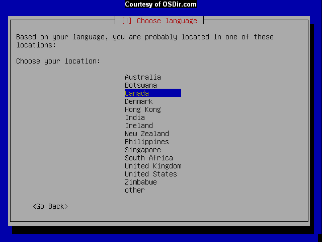 Instalace - Výběr země V dalším kroku budeme tázáni na zemi ve které se nacházíme.